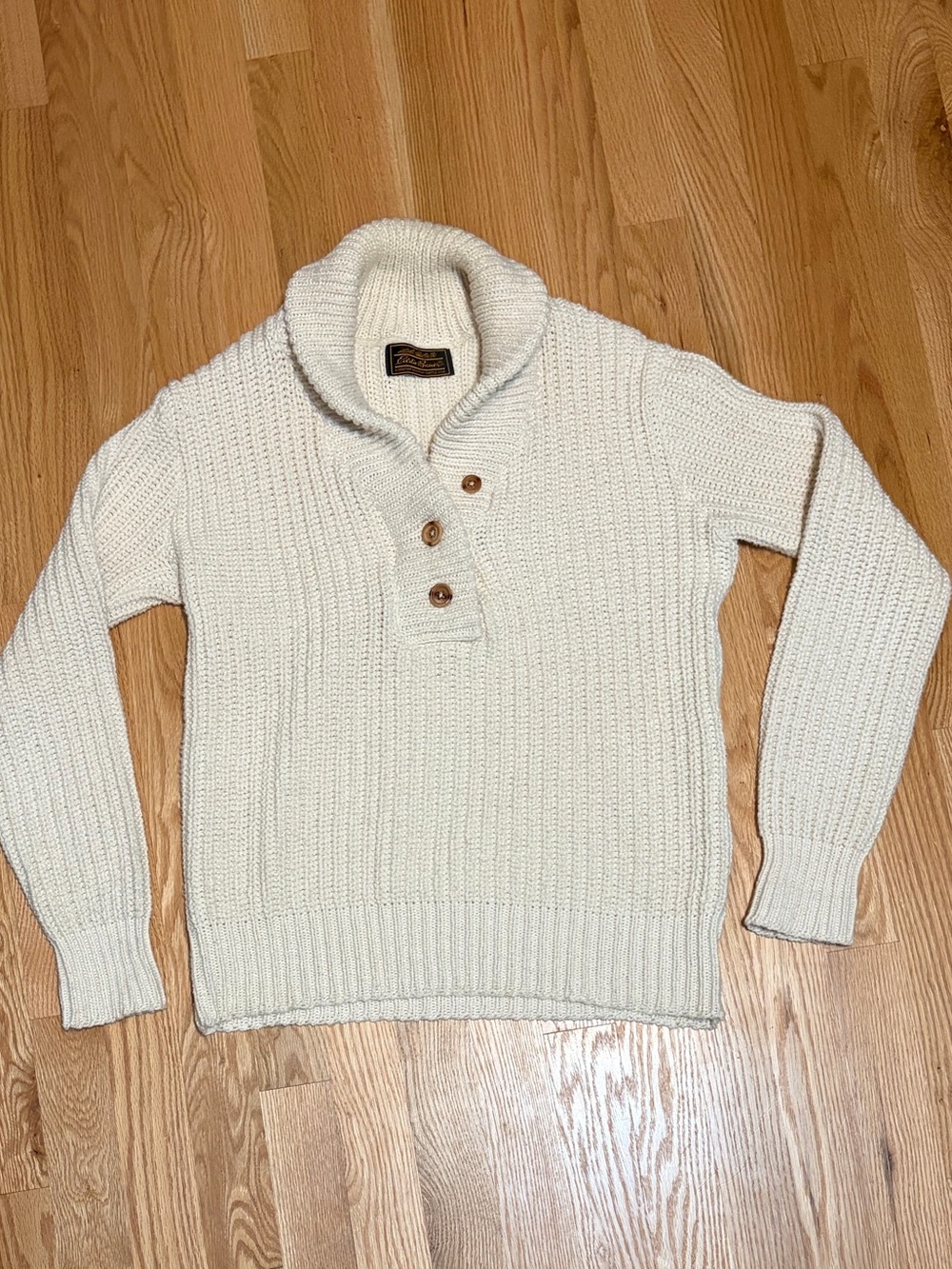 Vintage Eddie Bauer Cream Knit Sweater Shawl Collar USA Made 100% Cotton Medium